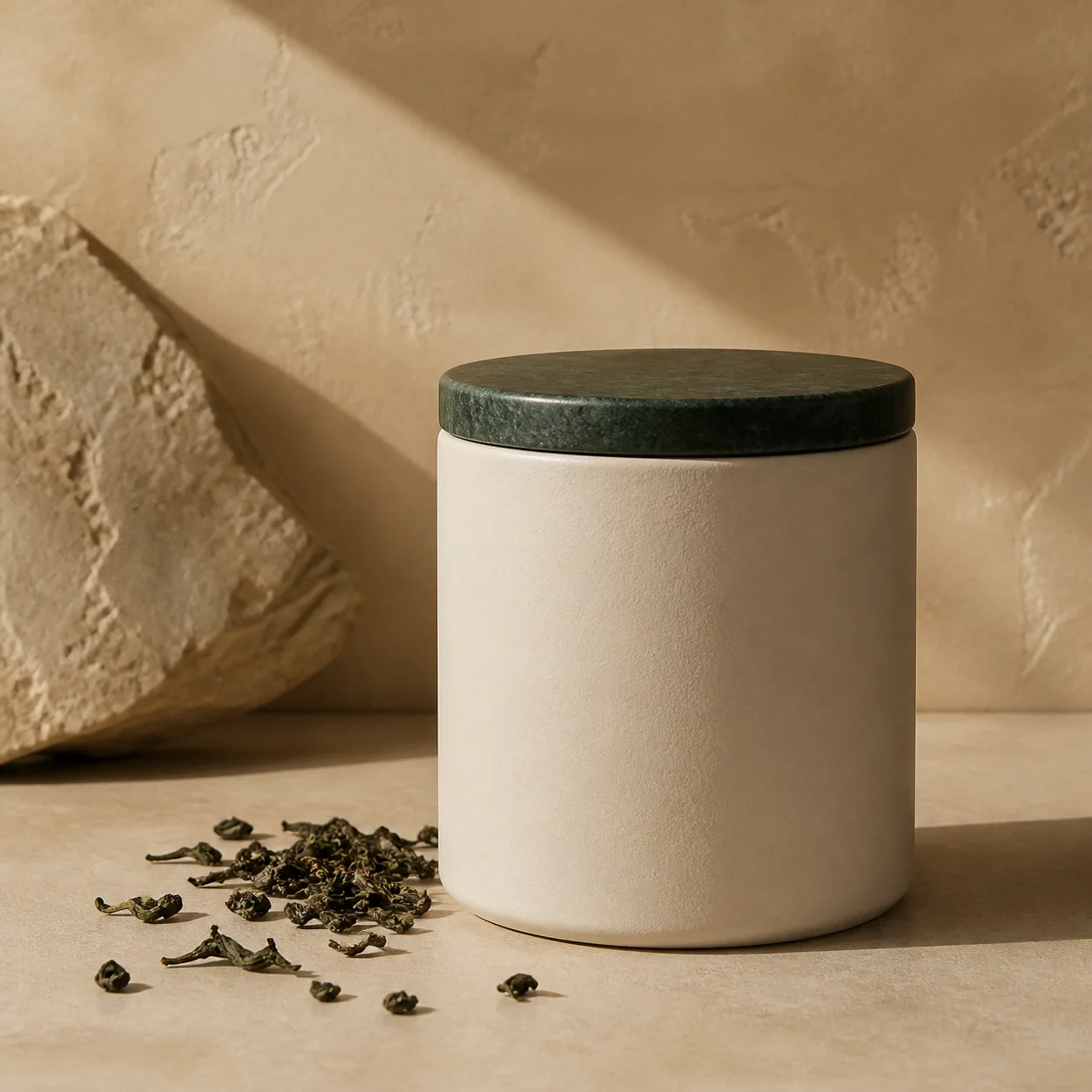 A glazed ceramic tea tin lit for a packaging shot