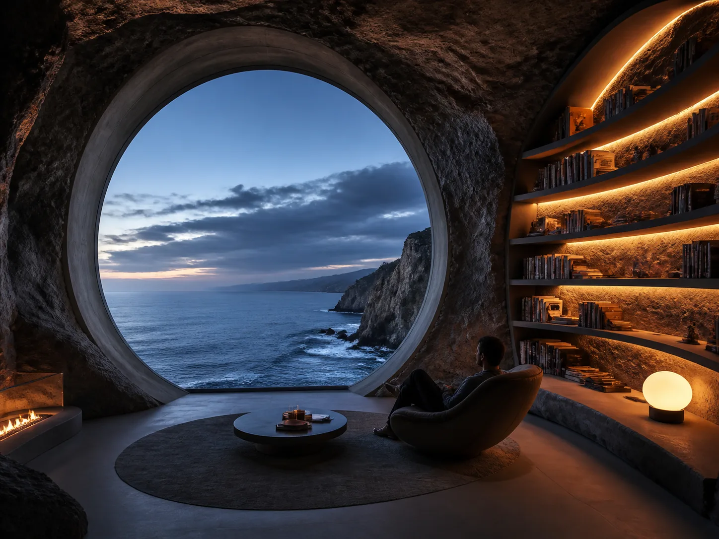 Cliffside reading room overlooking the ocean at blue hour