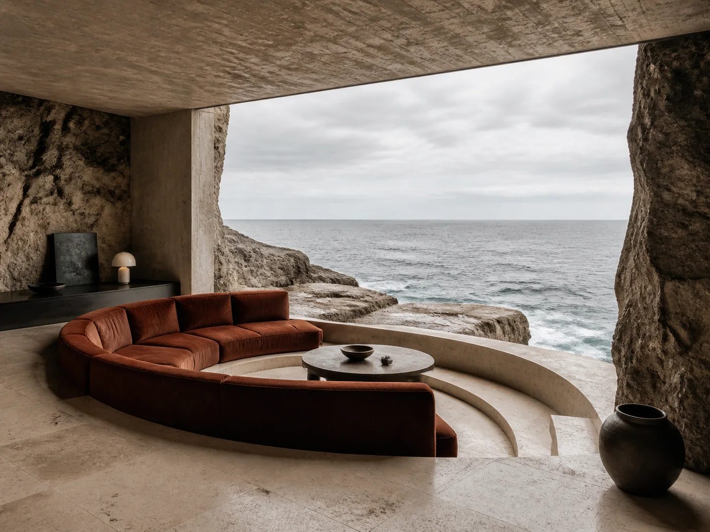 Rust velvet lounge carved into a rocky coast