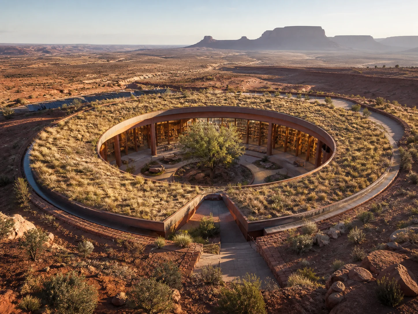 AI-generated circular library in a desert landscape