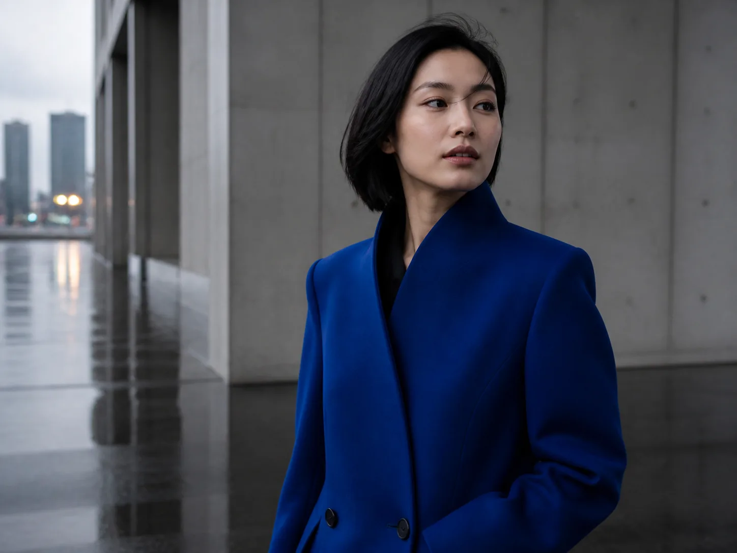 A model wearing a cobalt wool coat in a lookbook frame