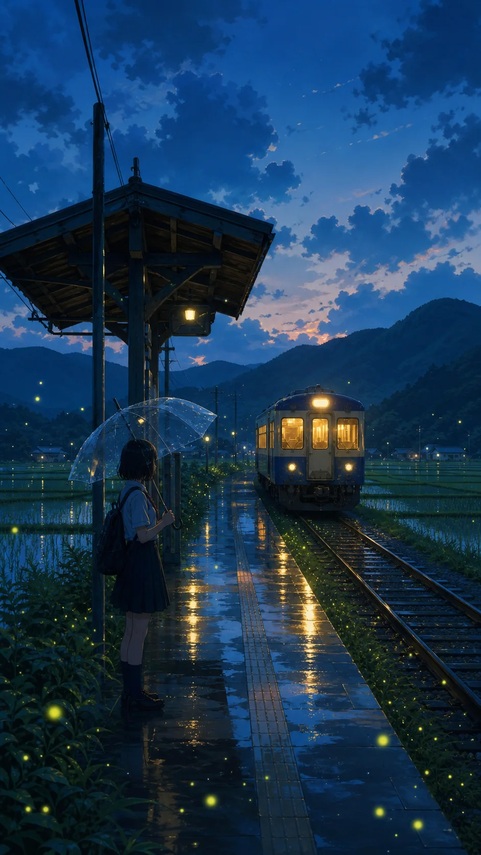 Student waiting for a train among fireflies after rain