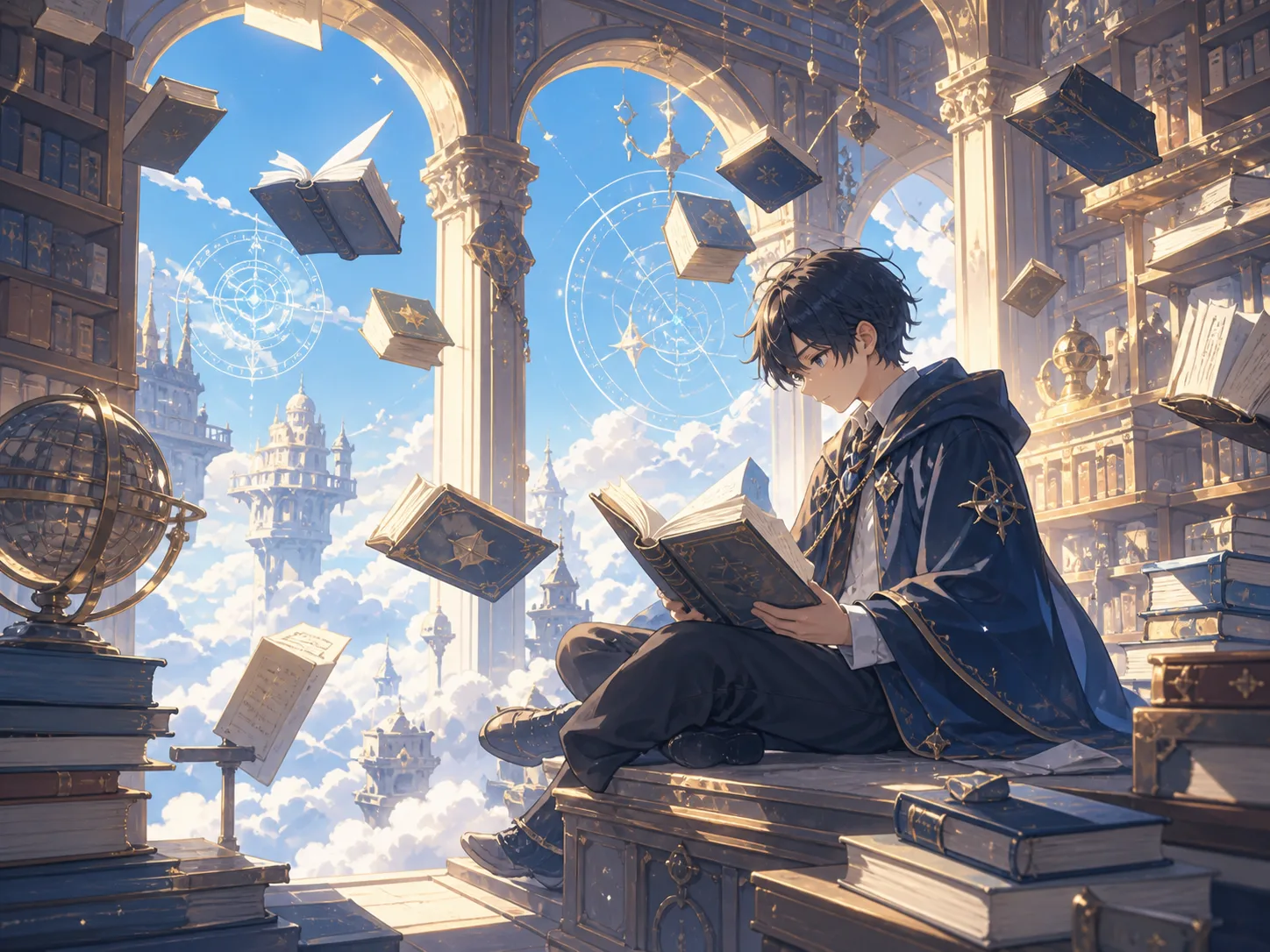 Student reading among floating books in a sky library