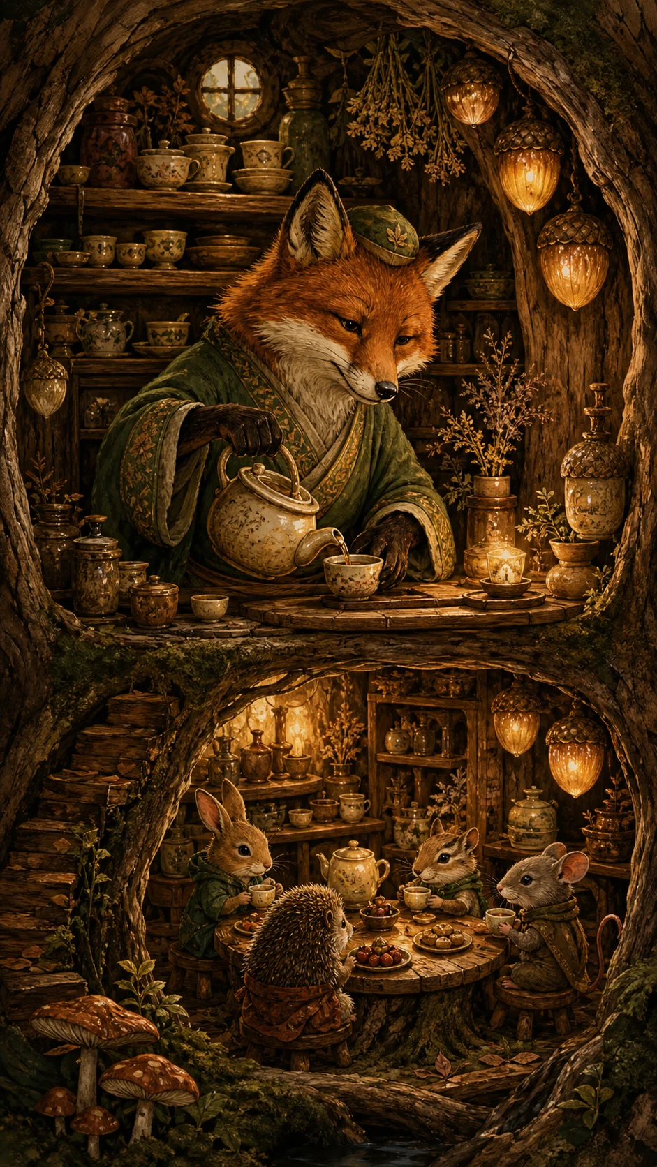 Fox tea master serving woodland guests inside a tree