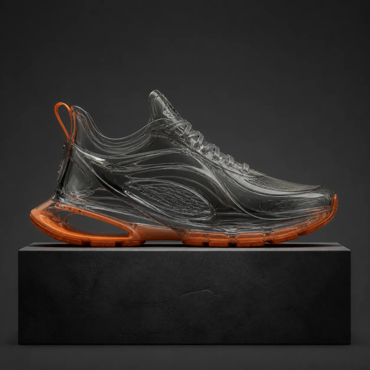 Transparent smoky glass running shoe with orange details