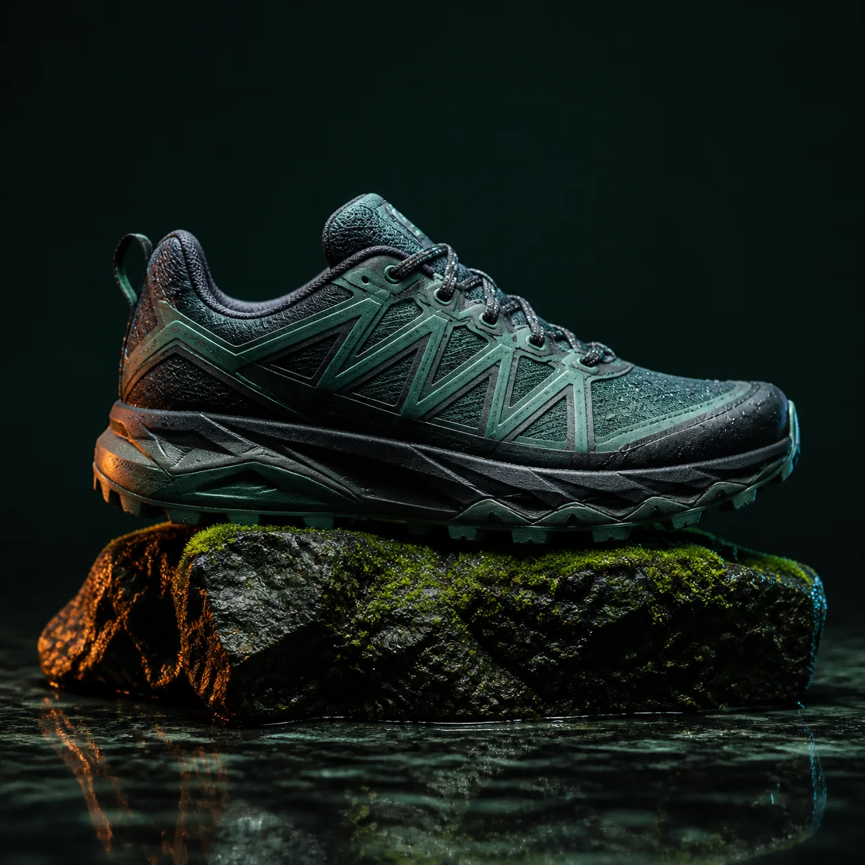 A trail running shoe photographed on wet moss-covered stone