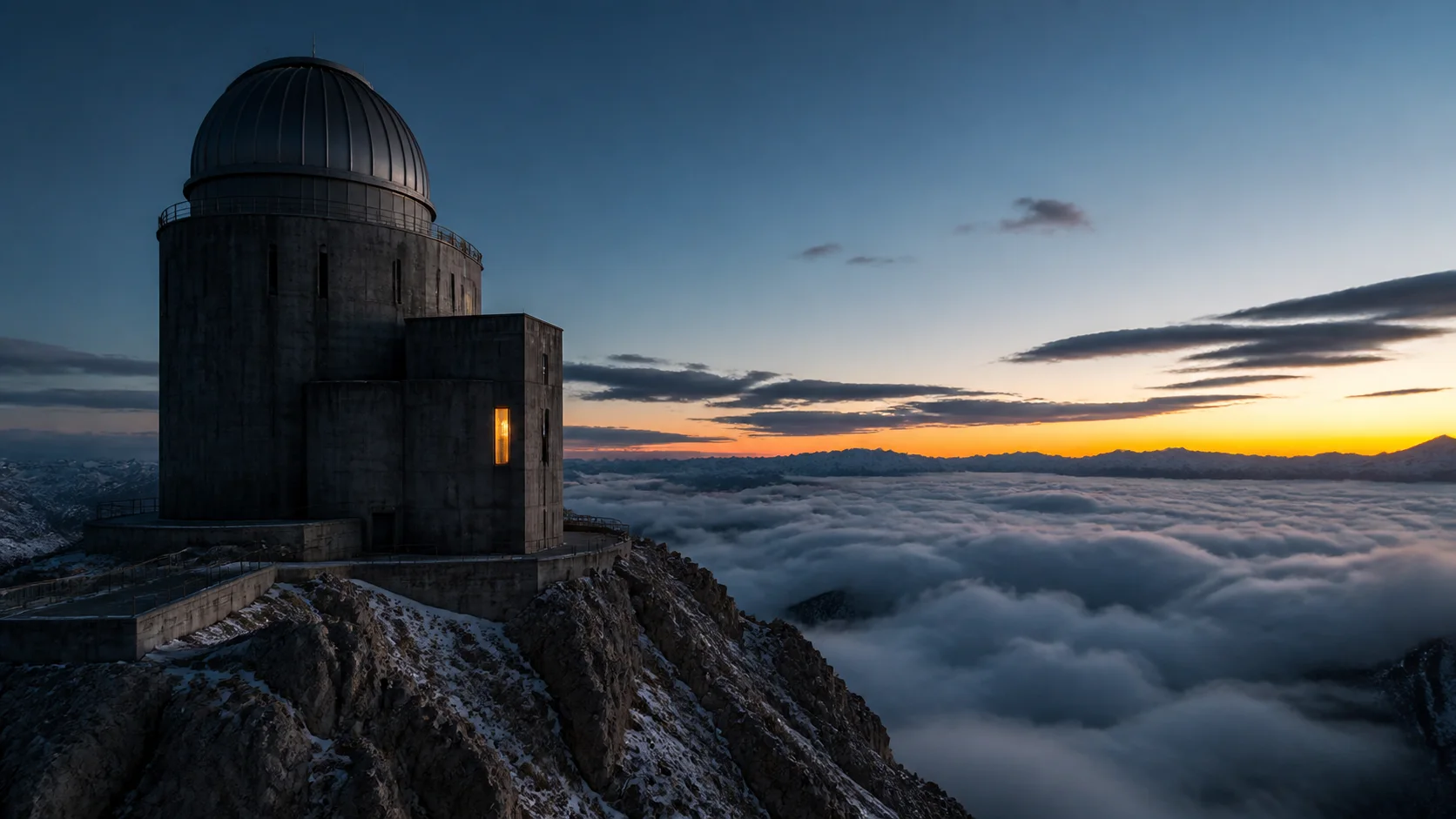 Brutalist observatory above a sea of clouds
