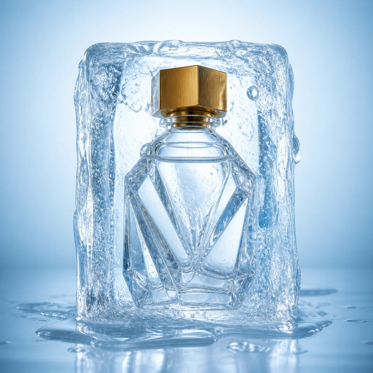 A perfume bottle on ice, the kind of still a product video would start from