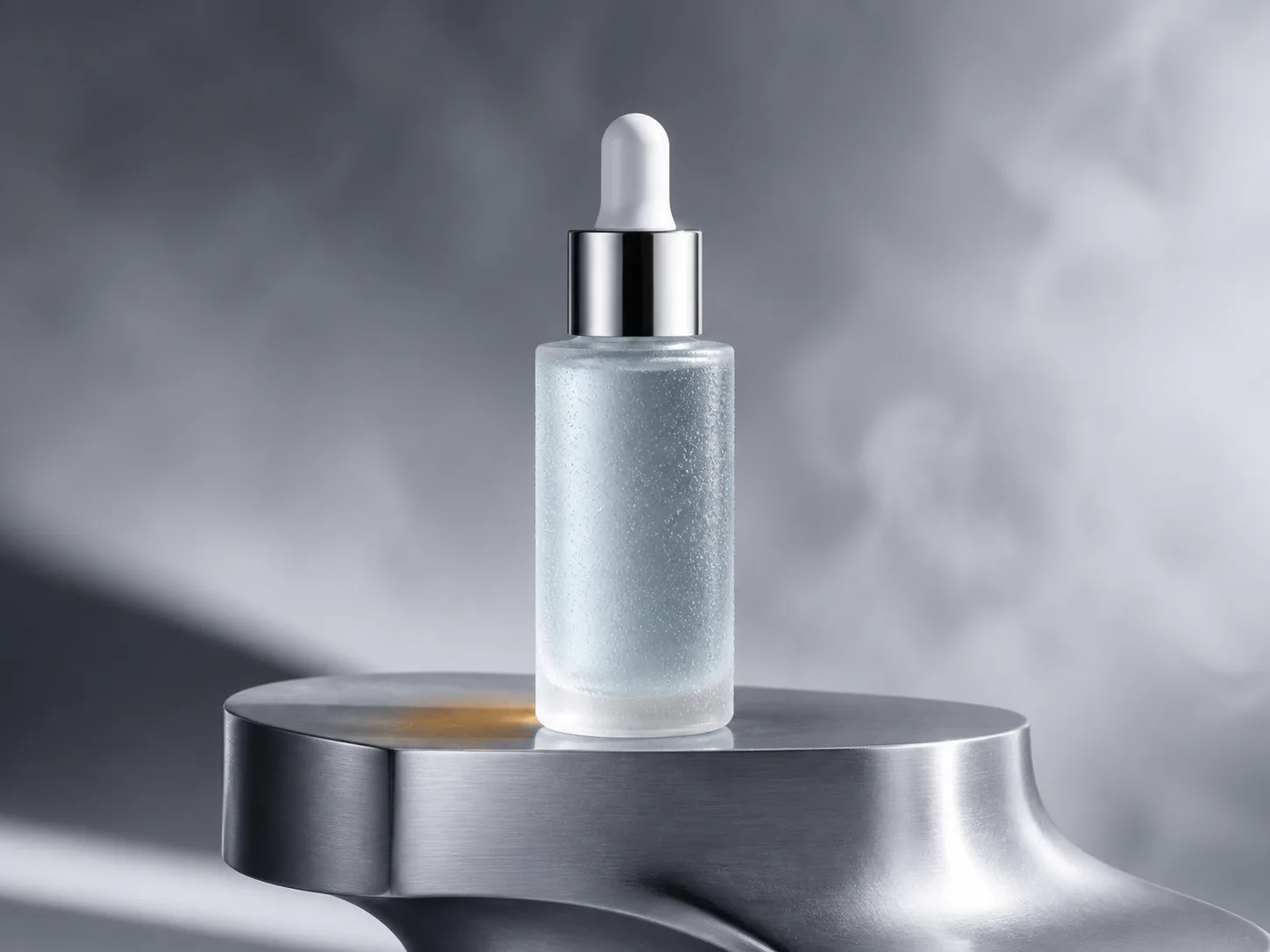 A frosted glass serum bottle on a brushed steel plinth