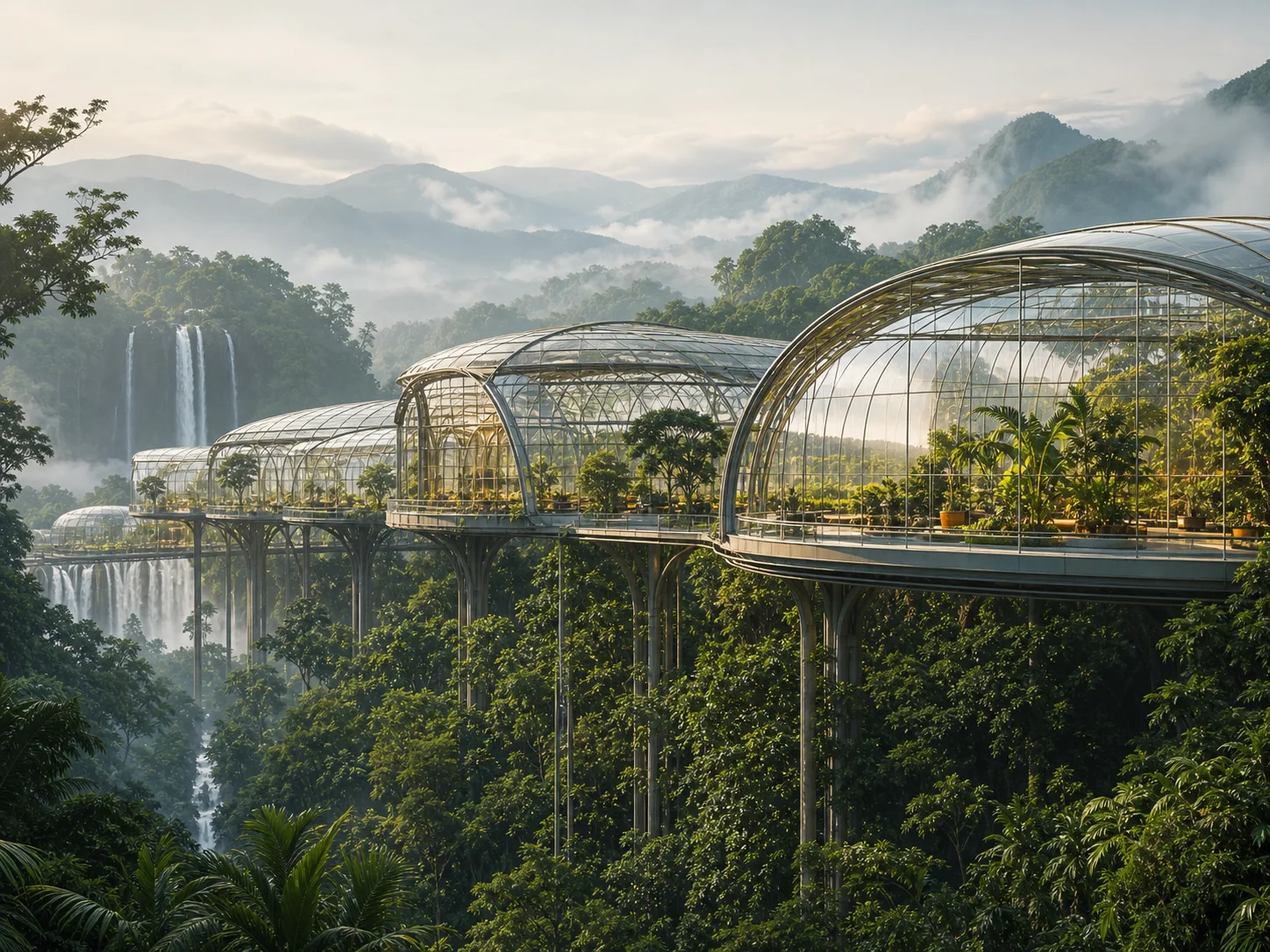 A glass greenhouse above a rainforest created from a text prompt