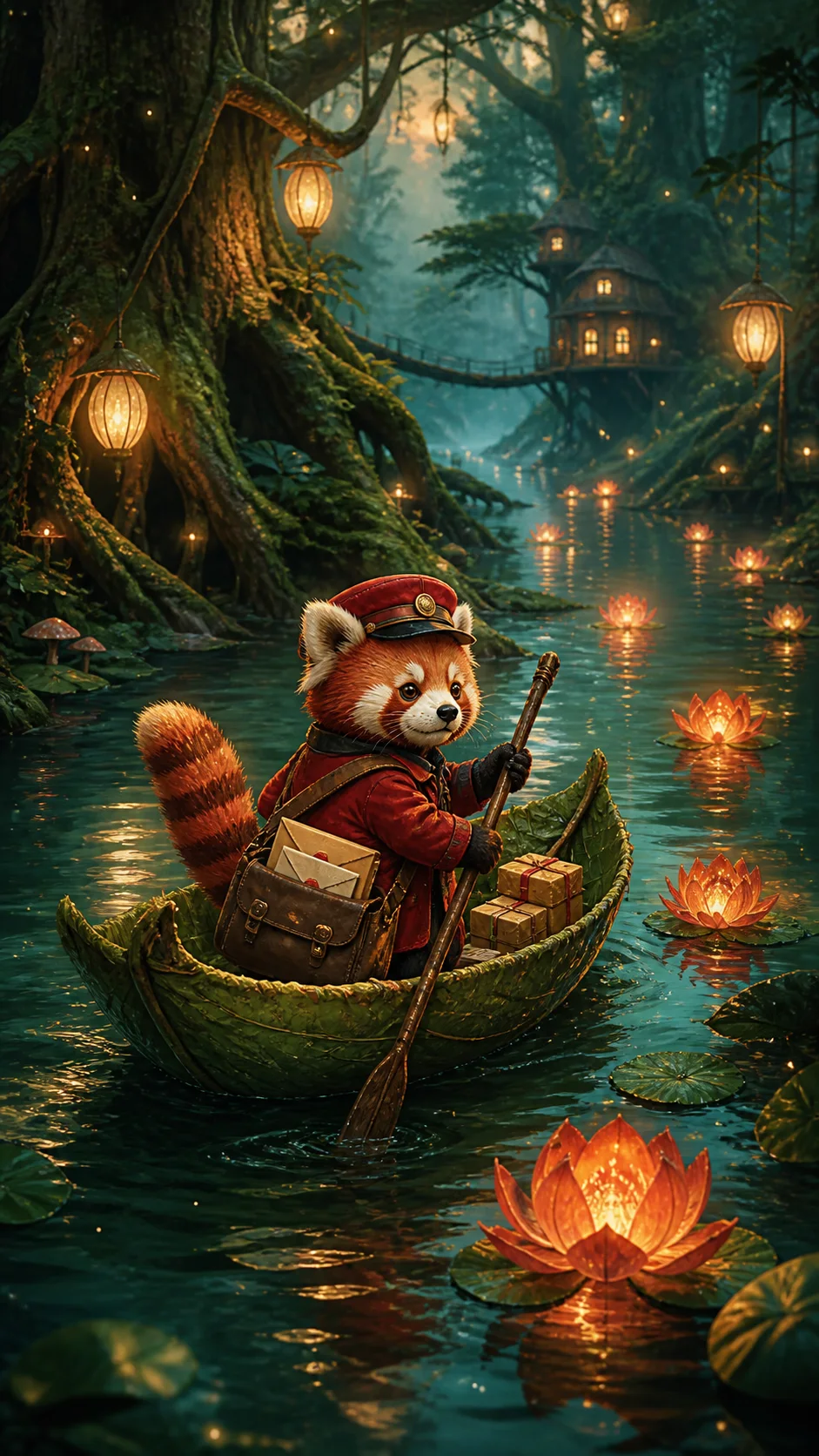 Red panda mail carrier in a leaf boat