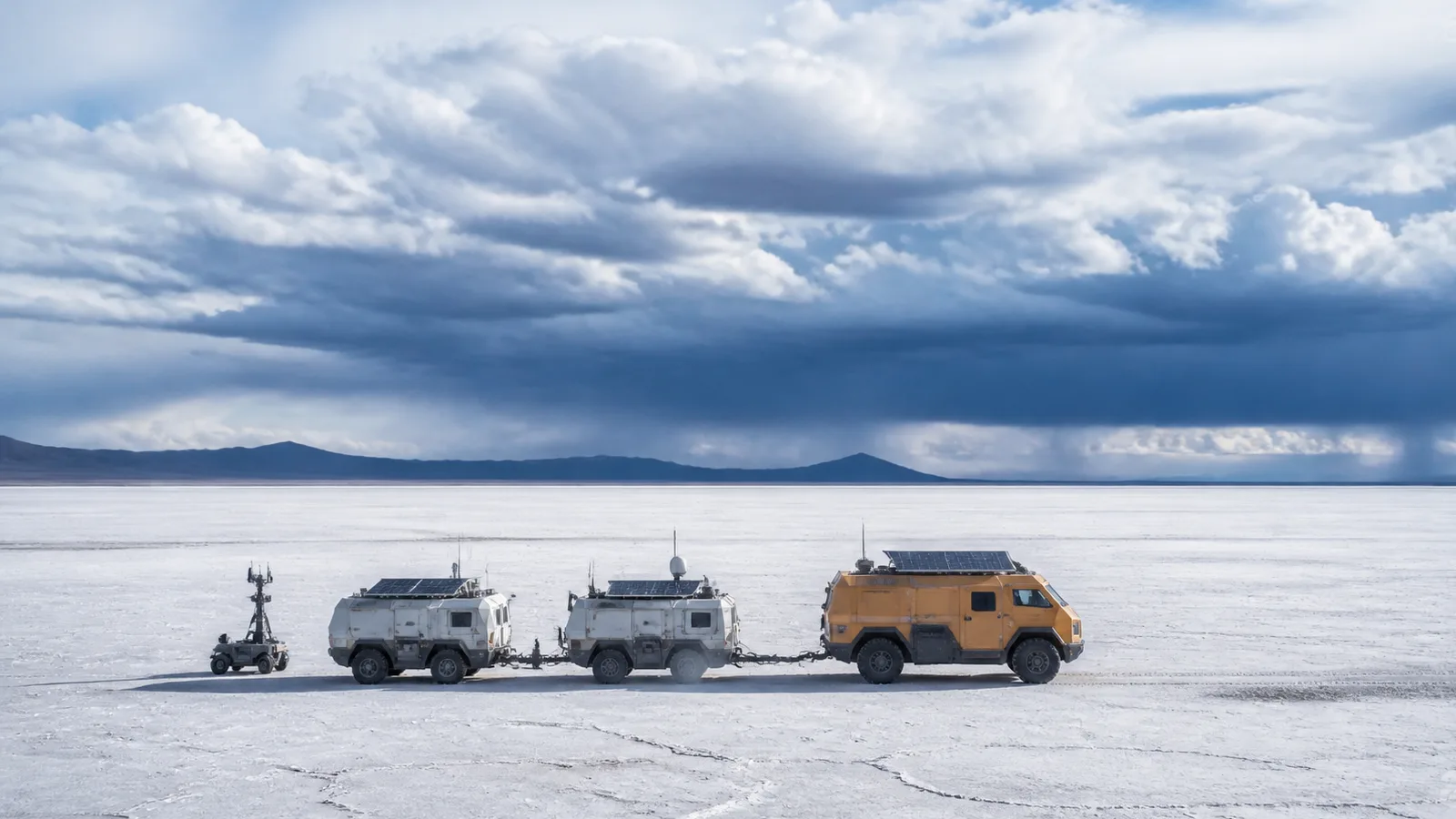 Solar research caravan crossing a white salt desert