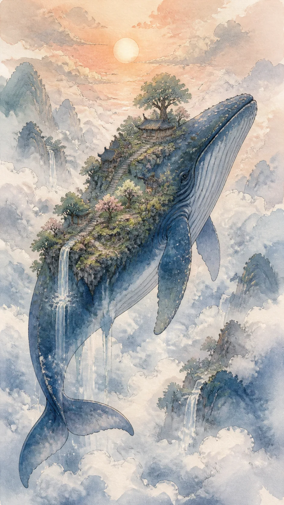 Sky whale carrying a miniature garden village
