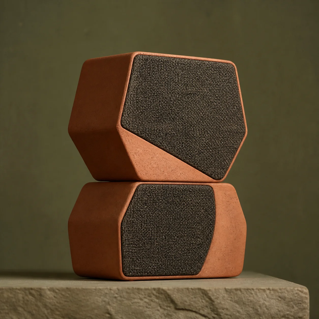 A pair of terracotta desktop speakers on a studio surface