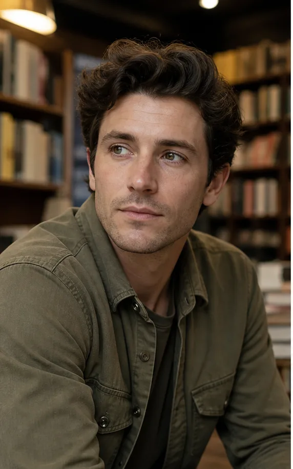 Face-swap target: an adult man in an olive overshirt seated in a warm independent bookstore
