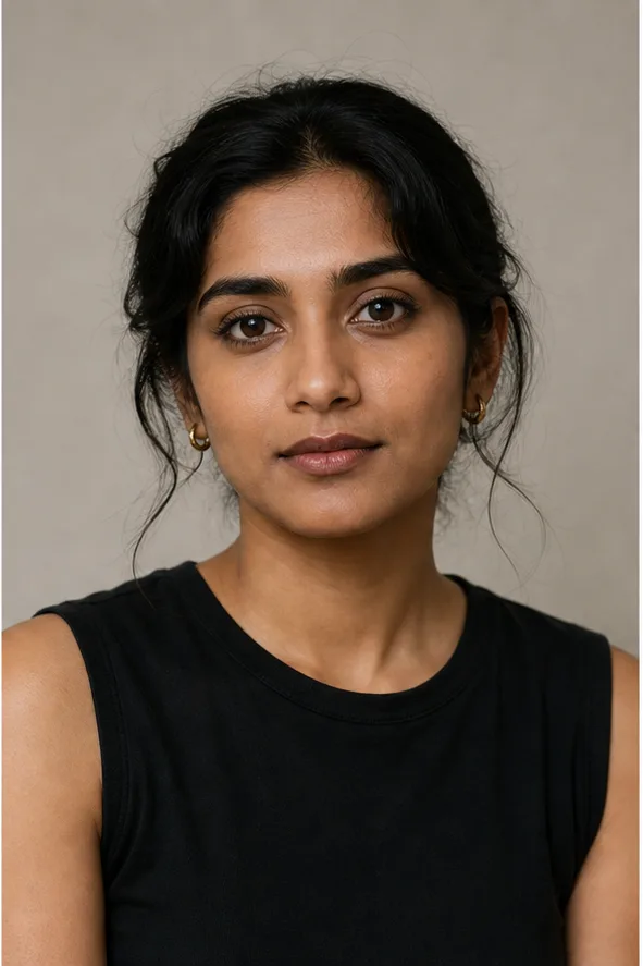 Face identity reference: an adult South Asian woman with expressive eyes and a softly angular face