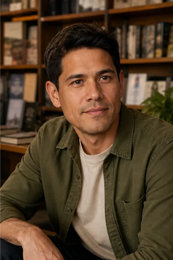 Natural face-swap result for an adult man in an olive overshirt seated in a warm independent bookstore