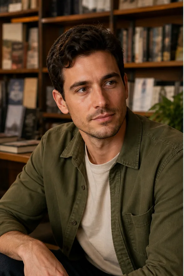 Face-swap target: an adult man in an olive overshirt seated in a warm independent bookstore