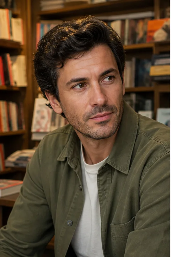 Face-swap target: an adult man in an olive overshirt seated in a warm independent bookstore
