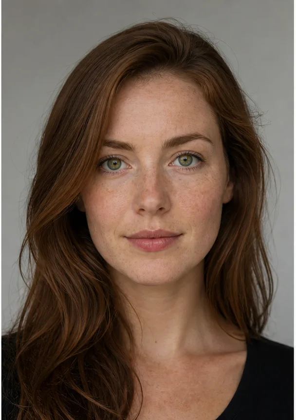 Face identity reference: an adult white woman with freckles and a heart-shaped face