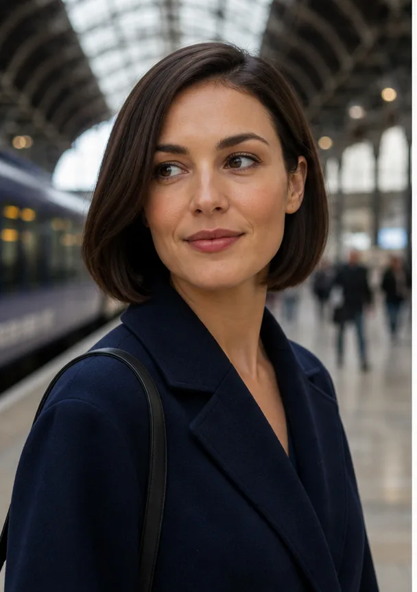 Face-swap target: an adult woman in a navy coat standing in a bright train station