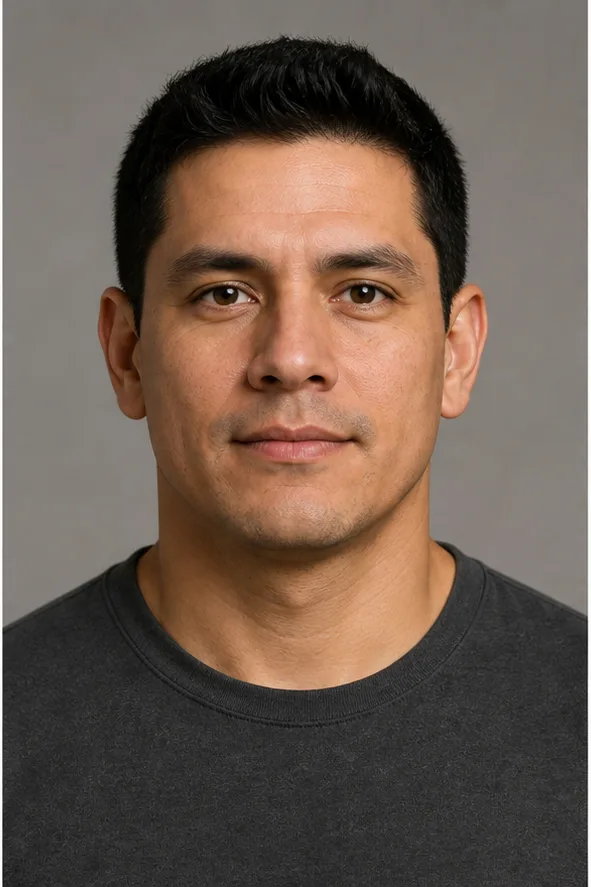 Face identity reference: an adult Latino man with a square jaw and gentle brown eyes