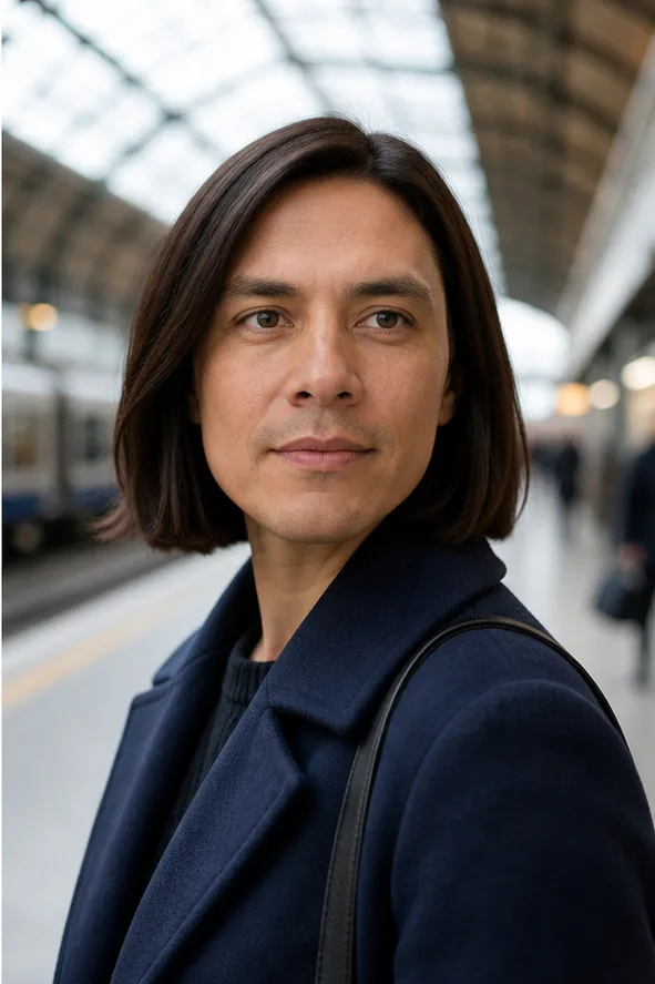 Natural face-swap result for an adult woman in a navy coat standing in a bright train station