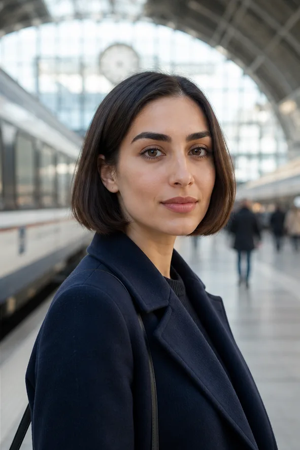 Natural face-swap result for an adult woman in a navy coat standing in a bright train station
