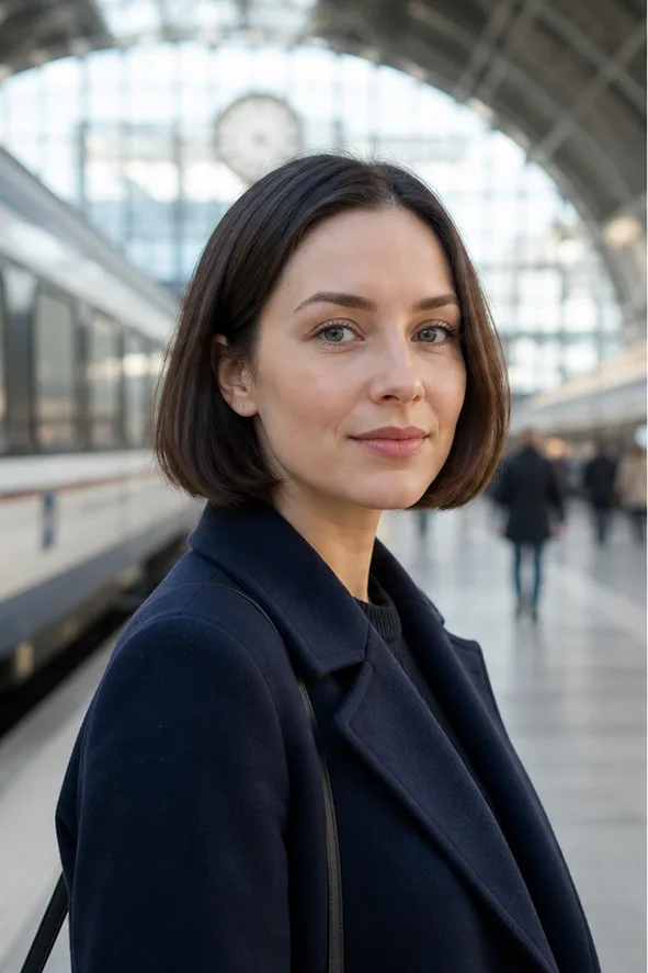 Face-swap target: an adult woman in a navy coat standing in a bright train station