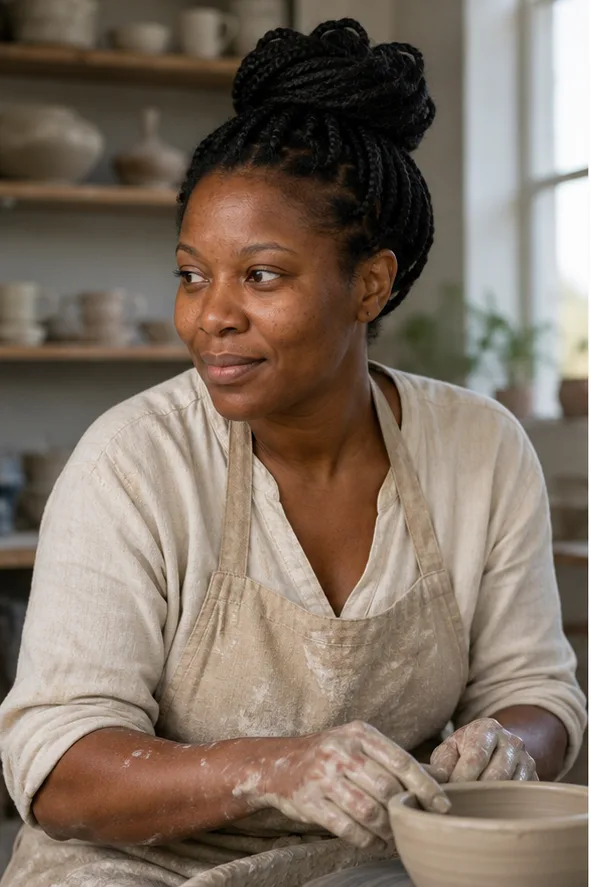 Face-swap target: an adult Black woman in a linen apron working in a ceramics studio