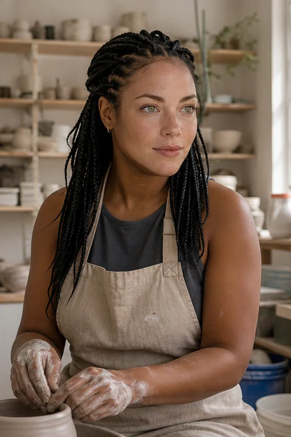 Natural face-swap result for an adult Black woman in a linen apron working in a ceramics studio