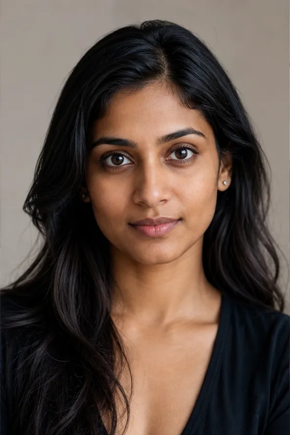Face identity reference: an adult South Asian woman with expressive eyes and a softly angular face