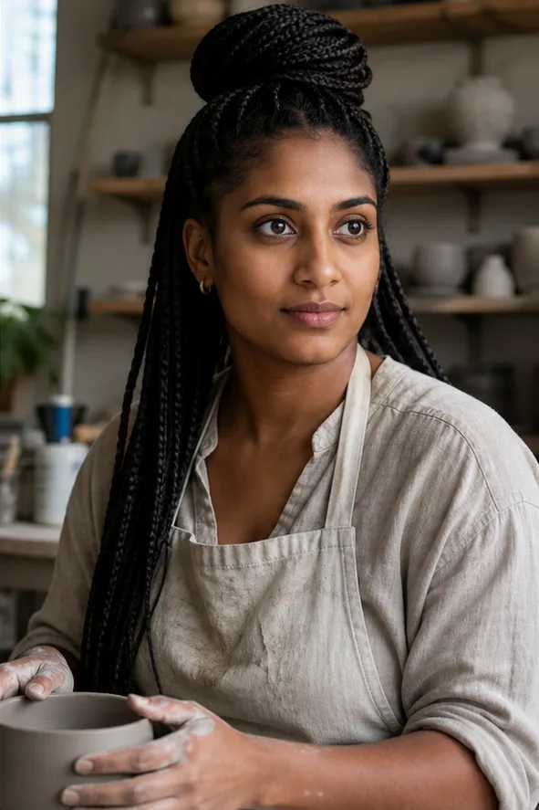 Natural face-swap result for an adult Black woman in a linen apron working in a ceramics studio