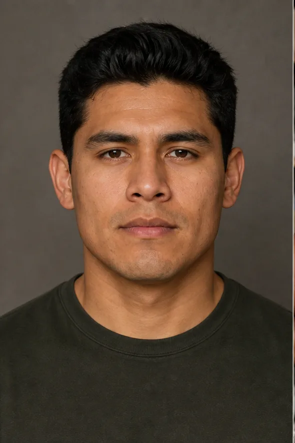Face identity reference: an adult Latino man with a square jaw and gentle brown eyes