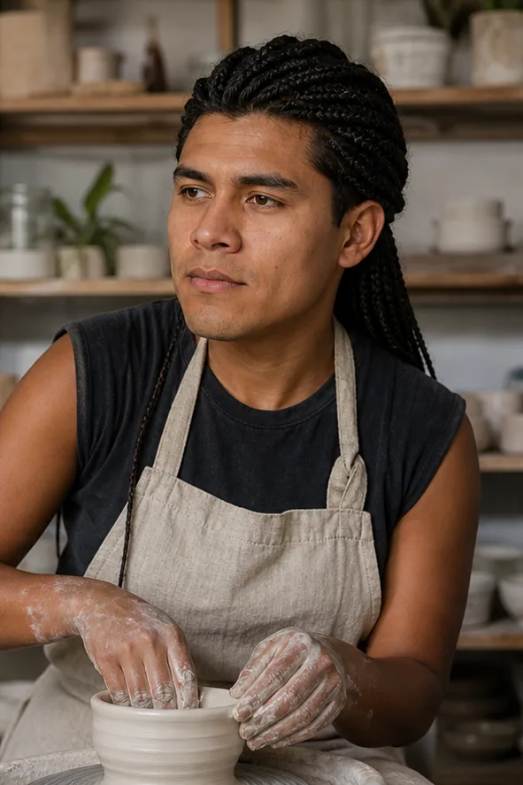 Natural face-swap result for an adult Black woman in a linen apron working in a ceramics studio