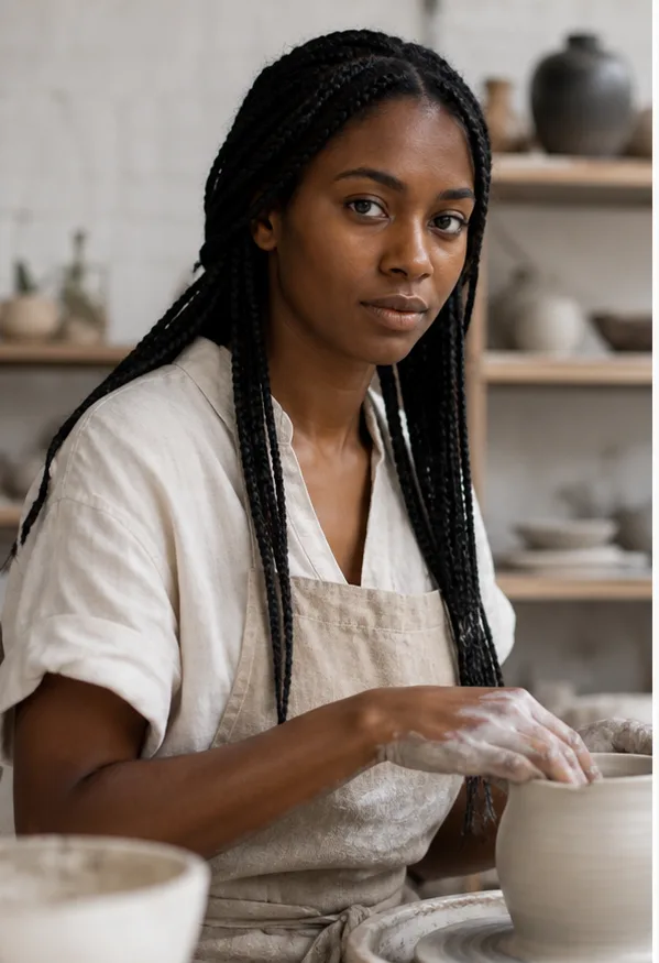 Face-swap target: an adult Black woman in a linen apron working in a ceramics studio