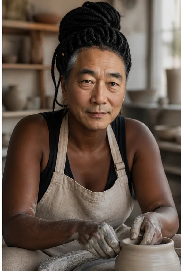 Natural face-swap result for an adult Black woman in a linen apron working in a ceramics studio