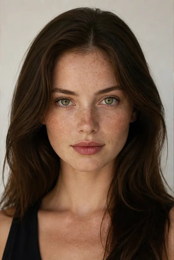 Face identity reference: an adult white woman with freckles and a heart-shaped face