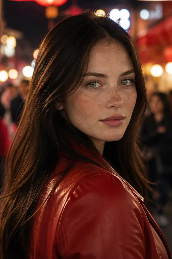 Natural face-swap result for an adult East Asian woman in a red jacket at a cinematic night market