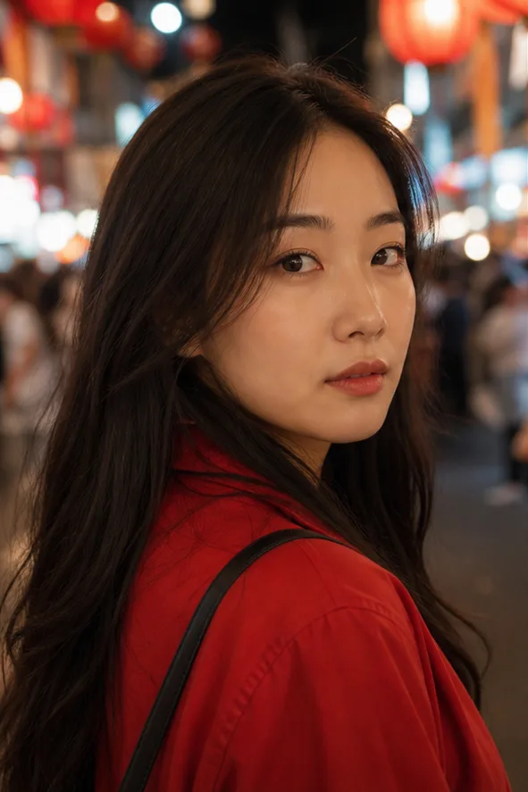 Face-swap target: an adult East Asian woman in a red jacket at a cinematic night market