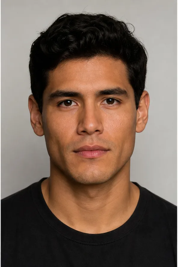 Face identity reference: an adult Latino man with a square jaw and gentle brown eyes