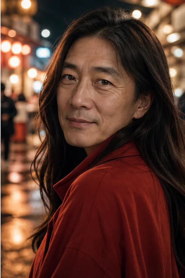 Natural face-swap result for an adult East Asian woman in a red jacket at a cinematic night market