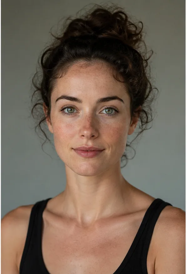 Face identity reference: an adult white woman with freckles and a heart-shaped face