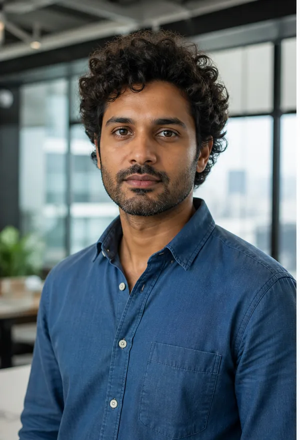Face-swap target: an adult South Asian man in a blue shirt inside a modern architecture office