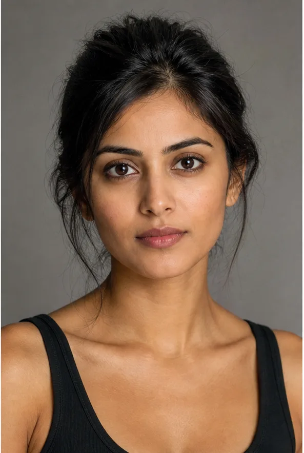 Face identity reference: an adult South Asian woman with expressive eyes and a softly angular face