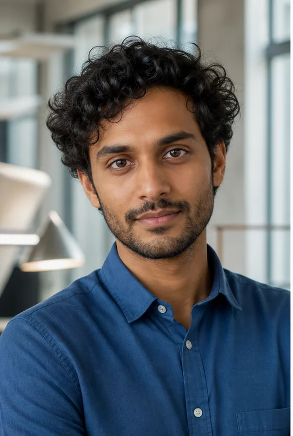 Face-swap target: an adult South Asian man in a blue shirt inside a modern architecture office