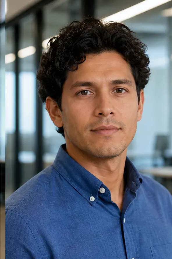 Natural face-swap result for an adult South Asian man in a blue shirt inside a modern architecture office