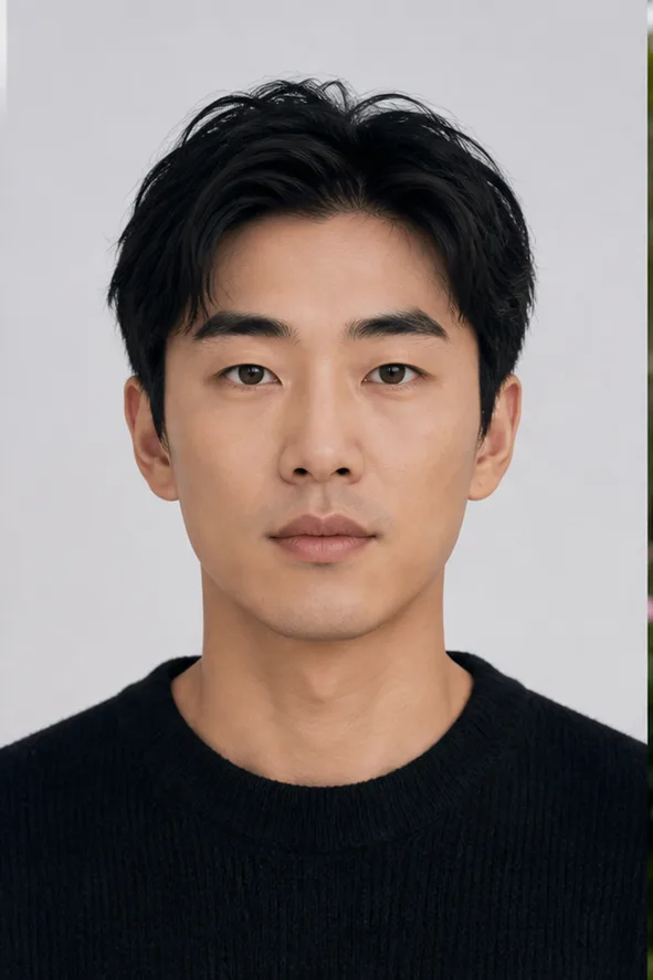 Face identity reference: an adult East Asian man with straight brows and an oval face