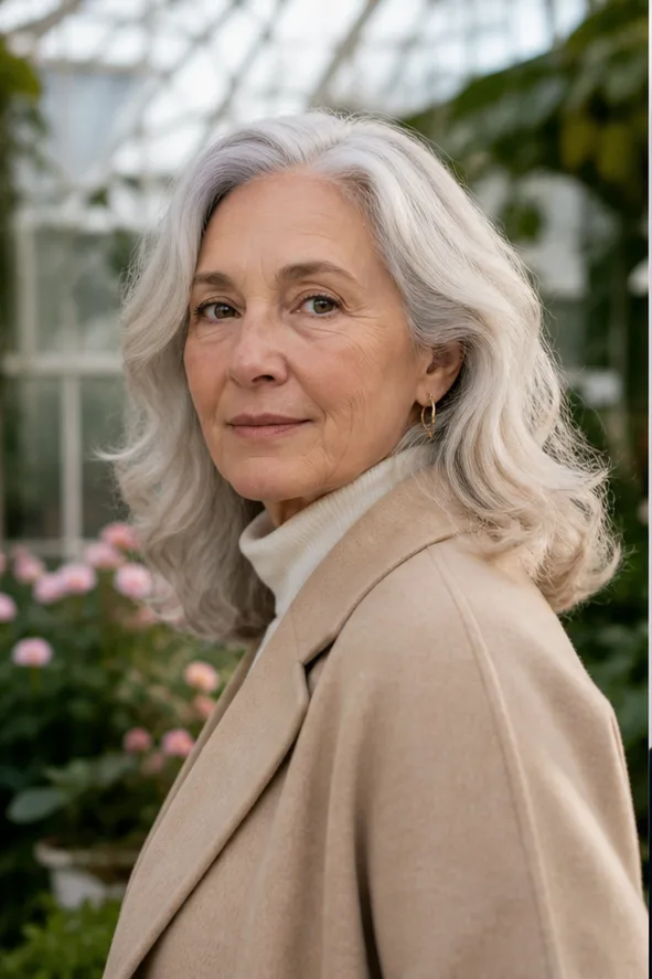 Face-swap target: an older adult woman in a beige coat inside a botanical garden
