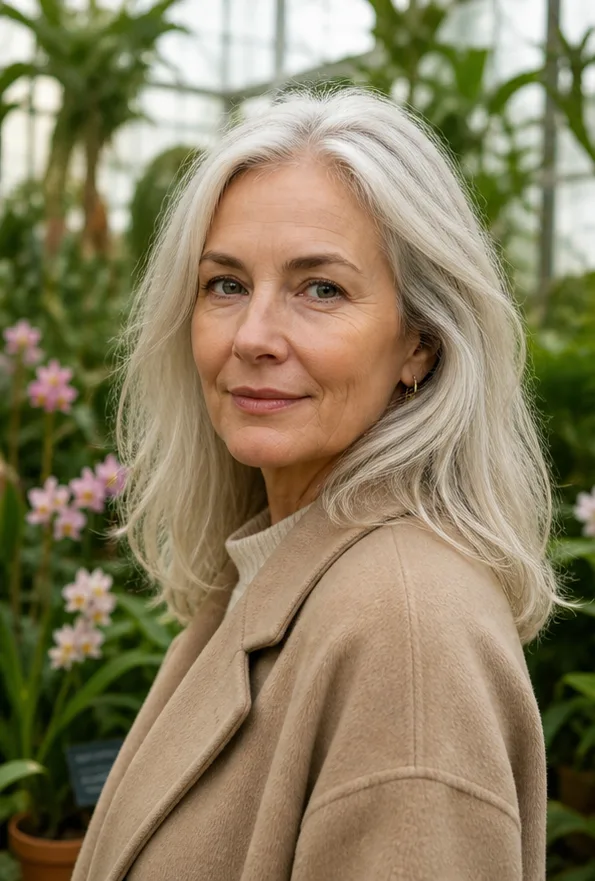 Face-swap target: an older adult woman in a beige coat inside a botanical garden